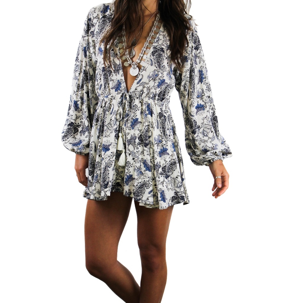 Blue and White Floral Romper